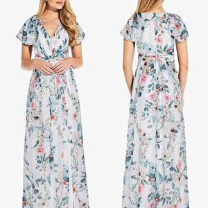 Adrianna Papell Printed Chiffon Gown w/ Flutter Sleeve Ivory Multi size 4